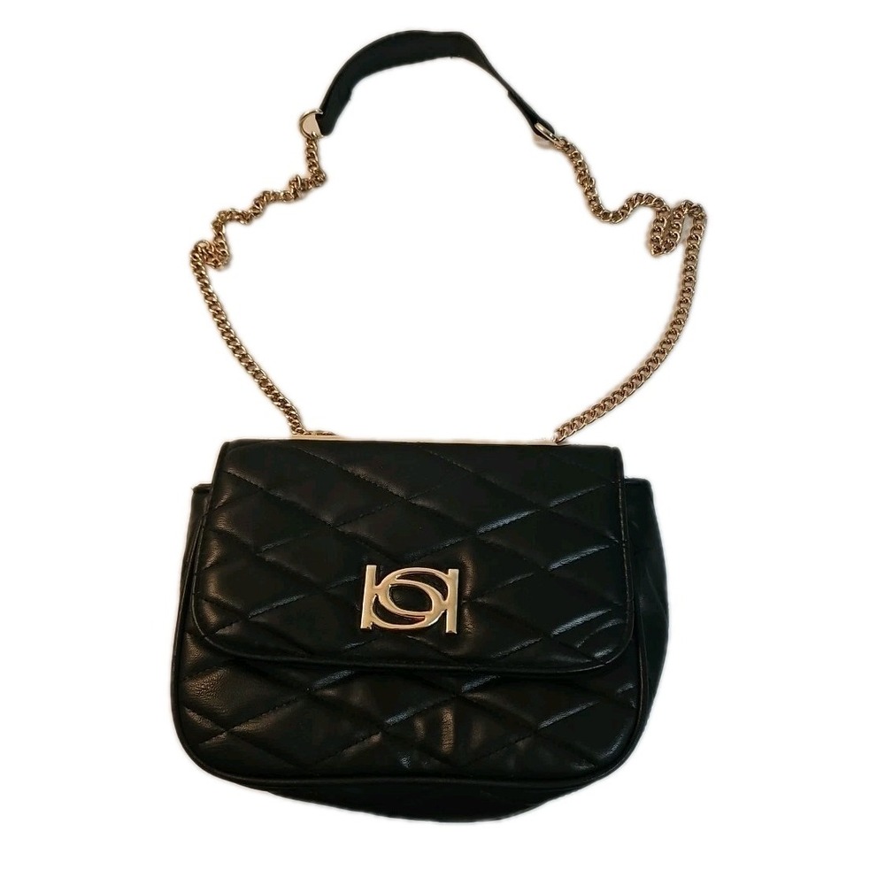 Bebe Geo Squared Crossbody Quilted Black Bag with Gold Accents